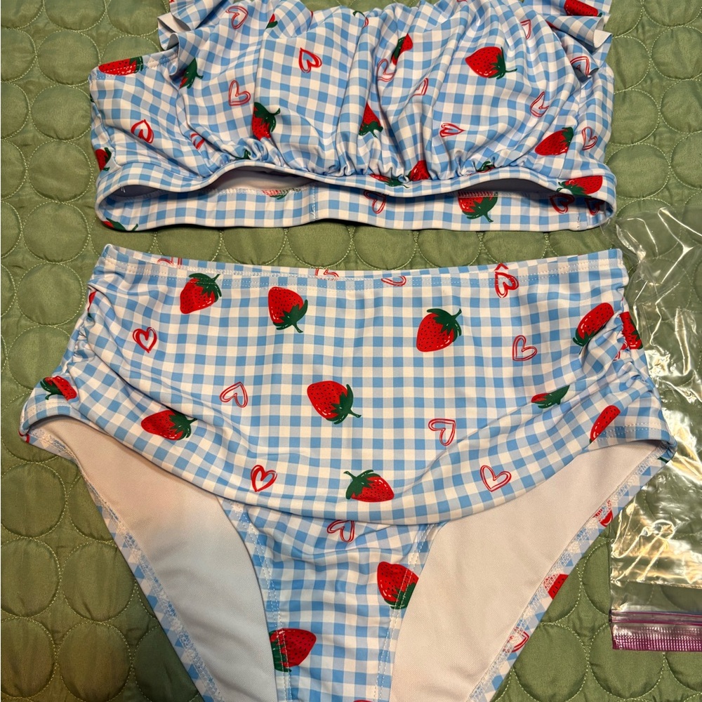 Blue and White Gingham womens Swimsuit with Strawberry Print